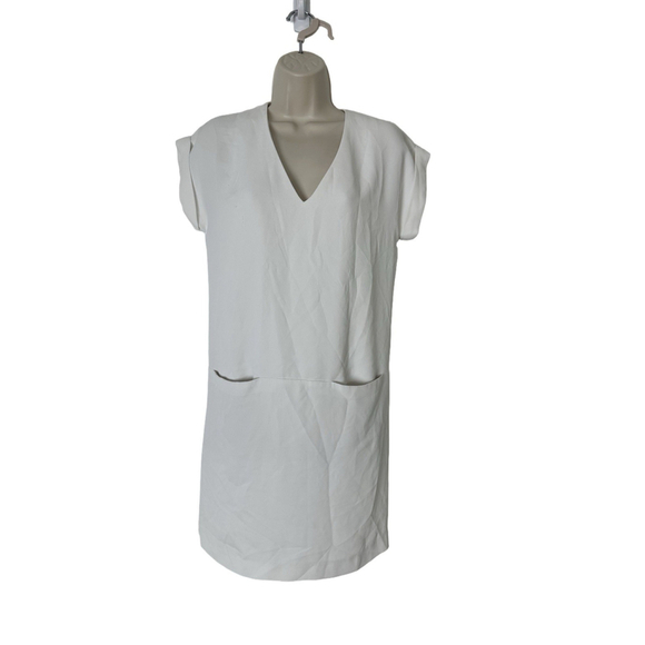 Vince Cap Sleeve Popover Shift Dress XS White Pockets V-Neck Lined Office Career - Picture 4 of 13